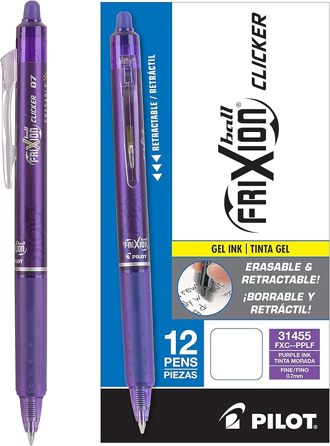 Pilot, FriXion Clicker Erasable Gel Pens, Fine Point 0.7 mm, Pack of 12, Purple