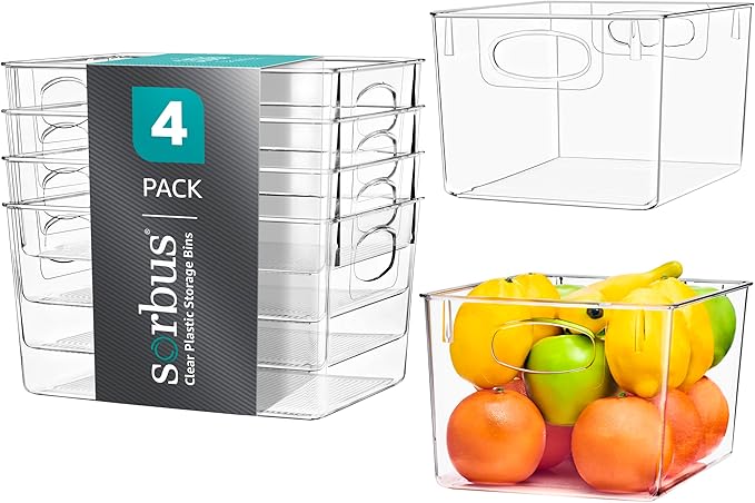 Sorbus Large Clear Plastic Storage Bins for Shelves, Clothes, with Handle - Clear Storage Bins, Drawer, Shelf, Closet, Pantry, Fridge, Freezer Organizer Bins, Closet Organizers and Storage (4 pack)