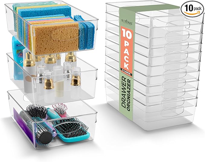 Sorbus XL Clear Plastic Storage Bins for Shelves, Clothes, with Handle - Clear Storage Bins, Drawer, Shelf, Closet, Pantry, Fridge, Freezer Organizer Bins, Closet Organizers and Storage (10 pack)