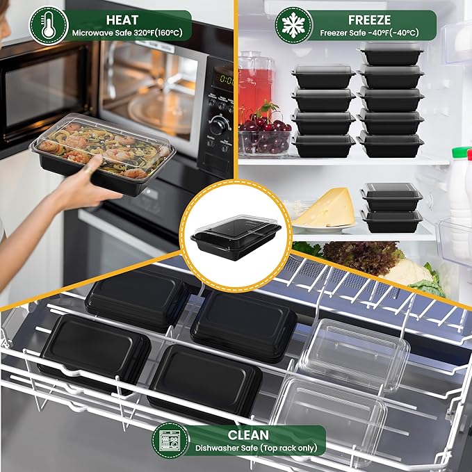 38oz Meal Prep Containers [50-Pack], Reusable Bento Box with Easy-Snap Leakproof Lids - Microwave, Dishwasher & Freezer Safe Food Storage, BPA-Free Plastic Lunch Containers (Black)