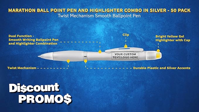 DISCOUNT PROMOS 50 Marathon Gel Highlighter Pens Pack - Customizable Text, Logo - Twist Mechanism, Ballpoint - Silver