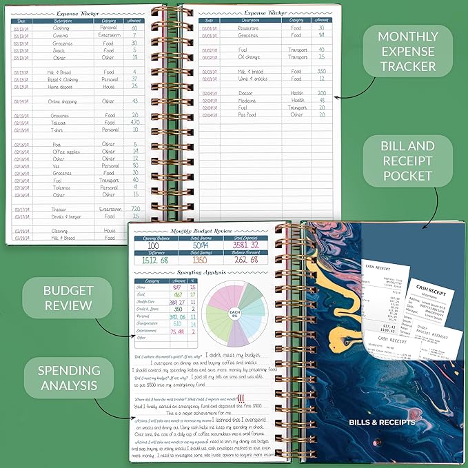GoGirl Budget Planner & Monthly Bill Organizer – Monthly Financial Book with Pockets. Expense Tracker Notebook Journal, Compact (Dark Green)