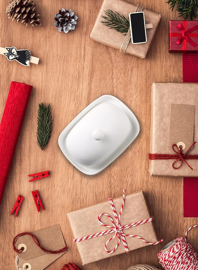 Sweejar Ceramic Butter Dish with Lid for Countertop,Porcelain Butter Keeper with Knob Handle,Butter Container for East/West Coast Butter, 7.3*4.1 inches (Red)