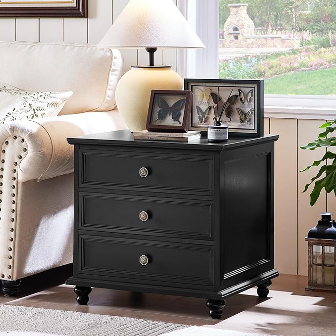 24" Wide Farmhouse Night Stand,Large End Table with 3 Drawers & Metal Handle,Black Wood Dresser for Bedroom Cabinet, Bed Side Tabl·e Chest of Drawers,Nightstand for Living Room,Close