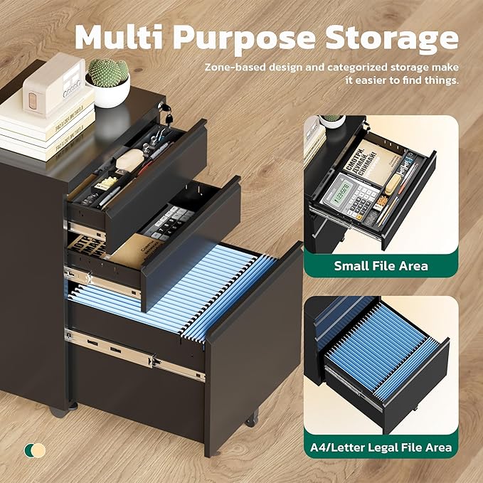 Greenvelly 3 Drawer Mobile File Cabinet with Lock, Metal Filing Cabinet on Wheels, Under Desk File Cabinet for Home Office Organizer Letter/Legal/A4 File (Assembly Required, Black)