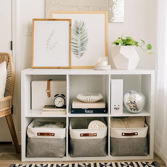 OrganiHaus Extra Large Fabric Storage Baskets for Shelves 3 Pack, 16x13in Closet Storage Bins for Shelves, Canvas Baskets for Organizing, Linen Closet Organizers, Cloth Basket, Gray/Off-White