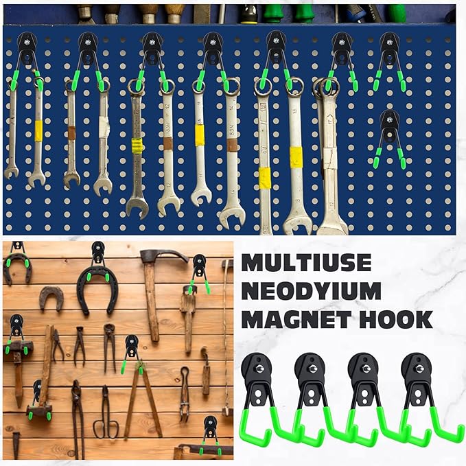 Landhoow Large Magnetic Hooks Heavy Duty Garage Magnet Hooks Strong Storage Utility Magnetic Hangers with Anti Slip Rubber Coating for Indoor and Outdoor Hanging(Green,6 Pcs)