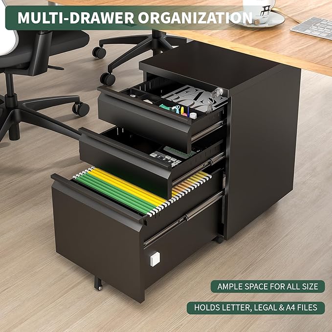 3 Drawer File Cabinet with Lock,Under Desk Rolling Small Filing Cabinet for Home Office Storage,Mobile Steel Cabinets with Wheels,Fully Assembled,Black