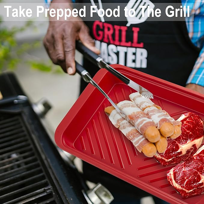 KAQAHIDO Grilling Bamboo Prep and Serve Trays, BBQ Platter for Raw Meat Marinating and Finished Cooked Food, Melamine Serving Tray, Set of 2, Cleaning Pack Included