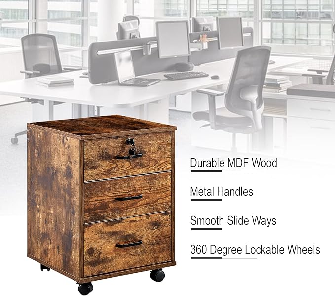 File Cabinet with Lock 3 Drawer Mobile Filing Cabinet with 360° Swivel Wheels, Under Desk Storage Cabinet Wooden File Organizer for Legal/Letter/A4 Documents, Home Office Storage (Brown)
