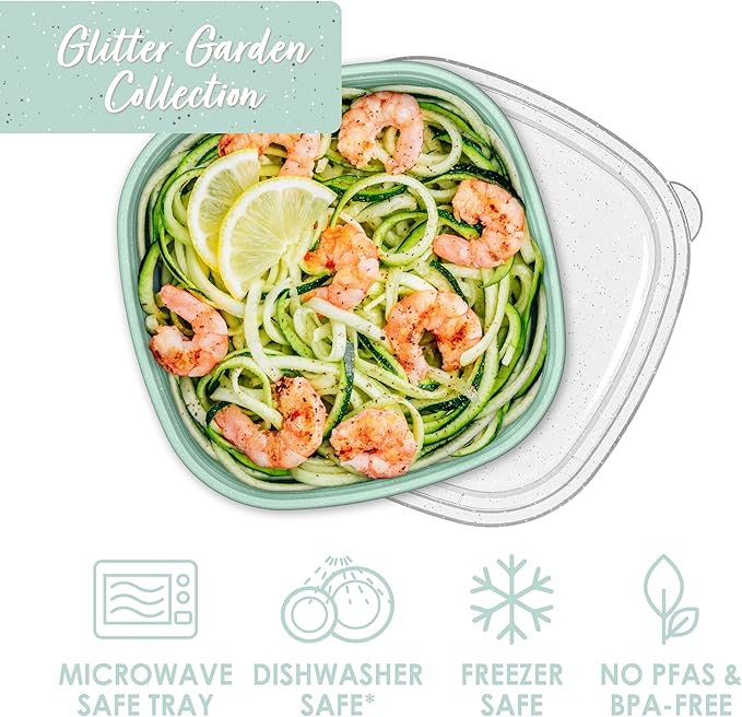 Bentgo Prep - 1-Compartment Bowls with Custom Fit Lids - Reusable, Microwaveable, Durable, PFAS & BPA-Free, Freezer and Dishwasher Safe Meal Prep Food Storage - 10 Bowls & 10 Lids (Sage Leaf Glitter)