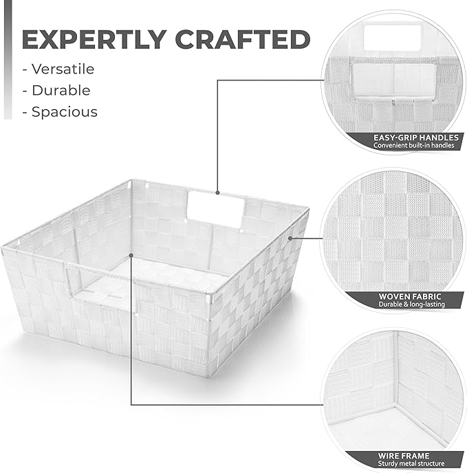 Sorbus Set of 3 Large Woven Storage Baskets – Mesh Hand-Woven Baskets for Organizing, Fabric Storage Bins for Linen Closet Organizer, Storage Baskets for Shelves and Home Organization (White)