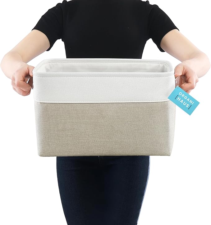 OrganiHaus Large Fabric Storage Baskets for Shelves 3 Pack, 15x11in Closet Storage Bins for Shelves, Canvas Baskets for Organizing, Linen Closet Organizers, Cloth Basket, Beige/Off-White