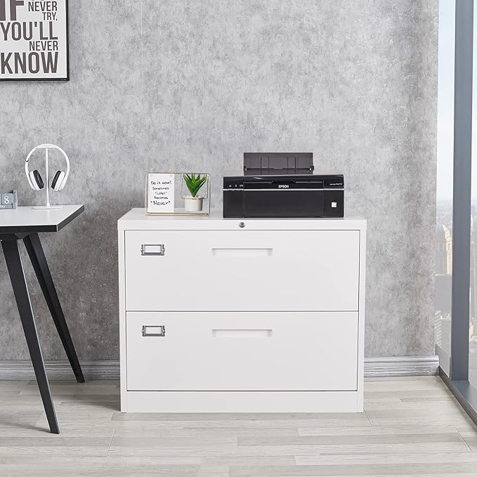 2 Drawer File Cabinet, Lateral Filing Cabinets for Home Office, Office Storage Drawers with Lock, Hanging Files Legal/Letter A4 Size (Assemble Required,White)