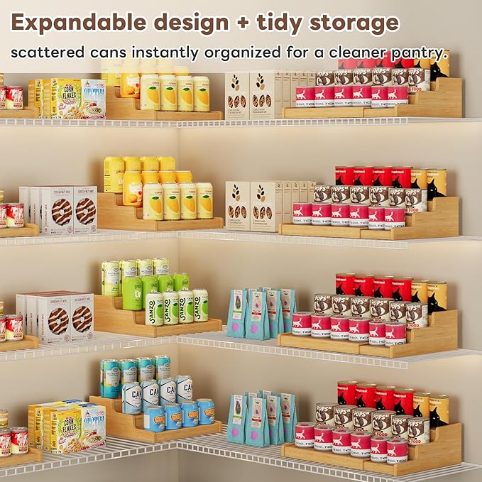 Expandable Bamboo Cat Food Can Storage for Pantry, 3-Tier Adjustable Can Organizer Shelf for Pet & Human Cans, Canned Goods & Food Storage for Cabinets, Holds Up to 24 Cans (Patent Pending)