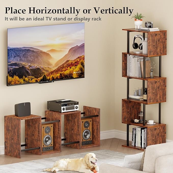 Furologee 5 Tier Bookshelf, S Shaped Geometric Bookcase, Narrow Freestanding Display Shelves, Modern Wood Decorative Storage Rack for Bedroom, Living Room, Home Office, Rustic Brown