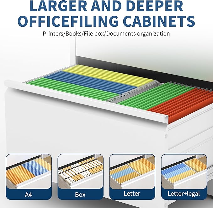 2 Drawer File Cabinet with Lock, White Metal Lateral Filing Cabinets for Home Office, Heavy Duty Steel Horizontal Locking Storage Cabinet for Legal/Letter/A4 Size File, Assembly Required