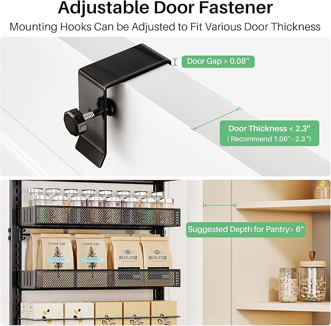 SNTD Over the Door Pantry Organizer - 8 Tier Adjustable Pantry Door Spice Organizer, Large Capacity Hanging Door Spice Rack for Kitchen Pantry Organizers and Storage (Black, 17" W x 6" D x 69" H)