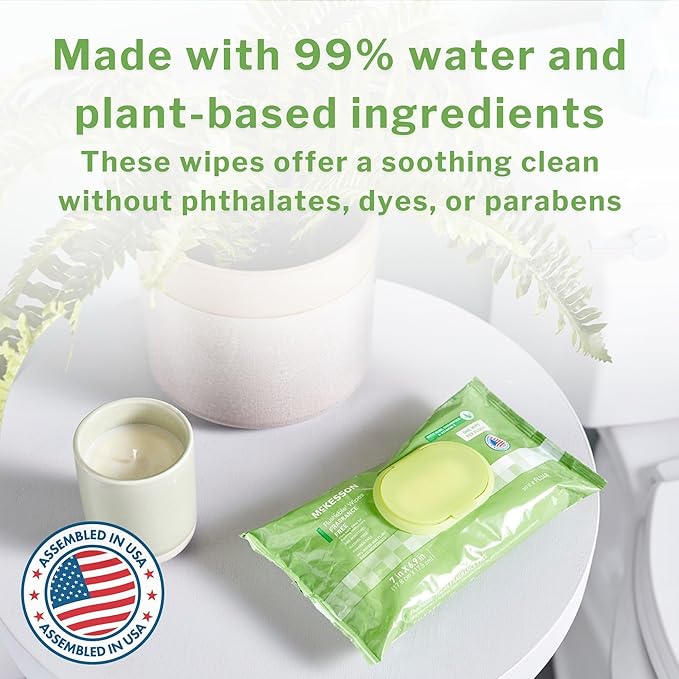 McKesson Flushable* Adult Wet Wipes – 576 Wipes (12 Pack of 48) – Aloe & Vitamin E, Plant-Based Cleansing Wipes, Unscented