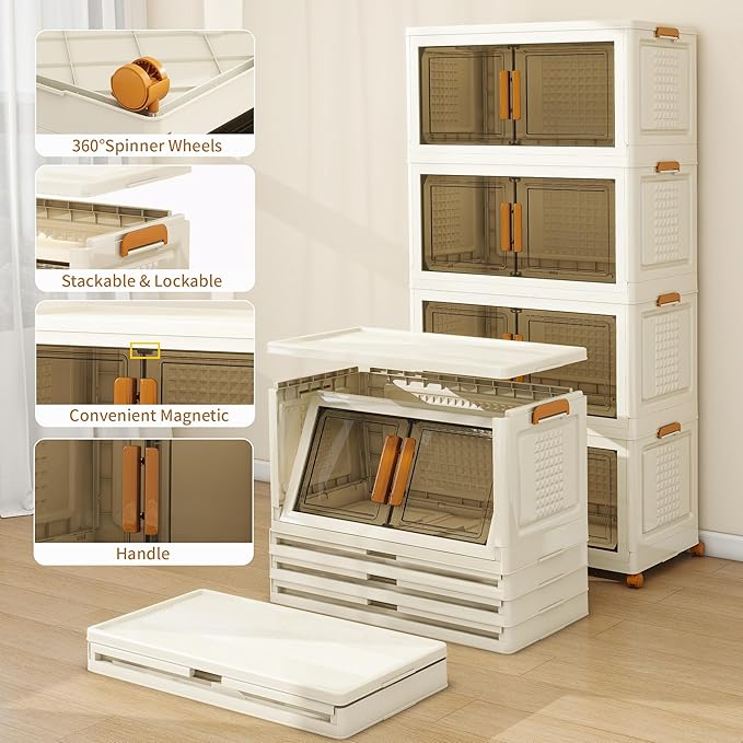 Plastic Stackable Storage Bins with Lids and Wheels, Foldable Storage Containers, Collapsible Clear Storage Cabinet with Doors White 4Tiers 148.8QT