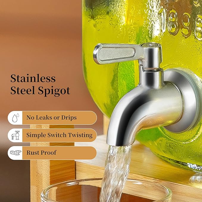 Drink Dispenser with Wood Stand and Lid,2 Gallon Glass Beverage Dispenser with Stainless Steel Spigot for Parties,Picnics,Barbecues,Lemonade,Sun tea Jar,ice coffee,Laundry Detergent Dispenser