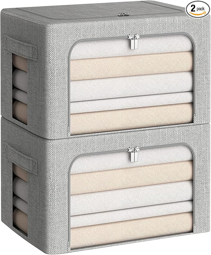 CYhom Clothes Storage Bins Box - Linen Fabric Foldable Stackable Container Organizer Set with Clear Window & Carry Handles & Metal Frame (Light Grey, Medium-36L)