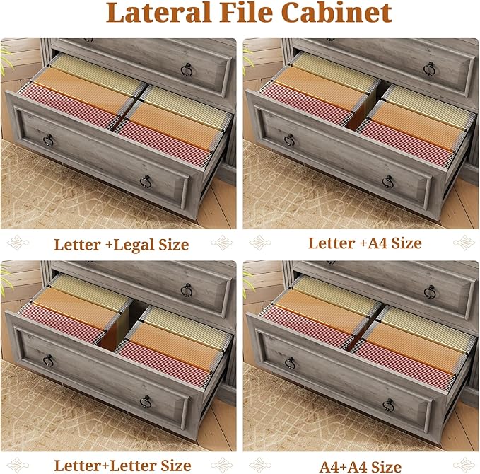 Itaar 2 Drawer File Cabinet, Farmhouse Filing Cabinet for Home Office Fits Letter, Legal, A4 Size, Wood Lateral File Cabinet with Printer Stand, Storage Shelf, Grey