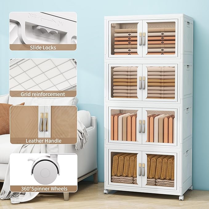 Large Clear Stackable Storage Bins with Lids, Foldable Storage Cabinet for Closet Organizers and Storage, Plastic Storage Box with Wheels 398 QT