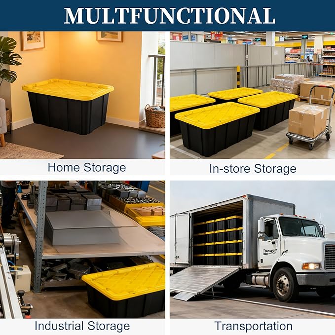 4-Pack Industrial Tote, Plastic Storage Container Bins with Lids, 7 Gallon - Heavy-Duty Organizing Containers for Home, Warehouse, and Transport