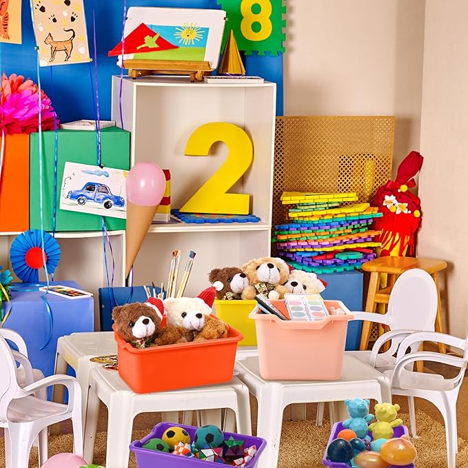 Dandat 24 Pcs Book Bins for Classroom Plastic Cubby Bins Bulk Classroom Storage Baskets Stackable Assorted Colors Toy Storage Containers for Library Home Office School Nursery Playroom