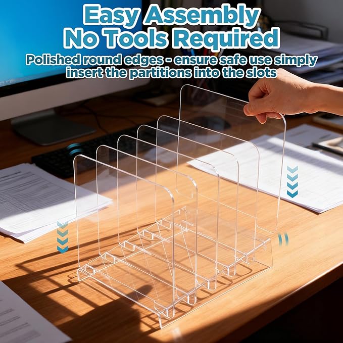 File Organizer for Desks Acrylic Vertical File Holder for Desk 5 Sections Desk Top Clear Workspace Sorters Folder Organizer Rack Stand for Letter Document Notebook Binder Office School Home