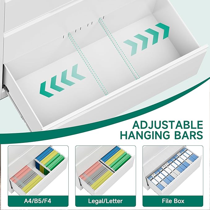 Filing Cabinet with Lock,Lateral File Cabinets 3 Drawer Metal Wide Filing Organization,Home Office School Furniture for Hanging Files Letter/Legal/F4/A4 Size - White