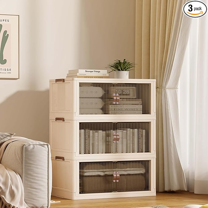 SAILUN 87Gal/348Qt Stackable Storage Bins Folding Collapsible Storage Bins with Lid, Closet Organizers and Storage Beige 26" W x 17" D x 43.7" H