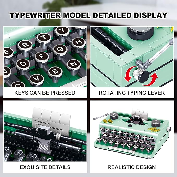 XIU Ideas Retro Typewriter Building Blocks Set,Typewriter mini Building Blocks Set for Adult,STEM Vintage Building Blocks Kit for Kid 6+(820pcs),Collectible Typewriter Display Model Green