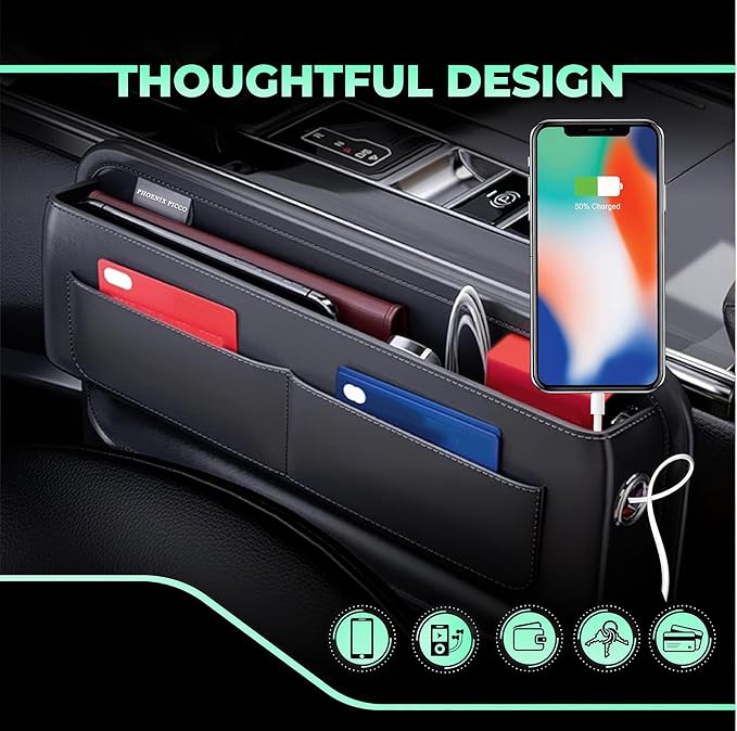 Universal Leather Car Seat Gap Filler Organizer – Side Pocket Storage Box for SUV & Truck, Essential Car Accessories for Men & Women, Center Console Organizer (Premium Black)