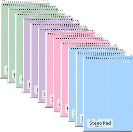 Enday Steno Pads Spiral 6x9 12 Pack, Pastel Colors Gregg Ruled Steno Pad, White Paper Spiral Notepad, 60 Sheets Top Bound Steno Notebook for School, College, Work and Home, 4 Assorted Colors