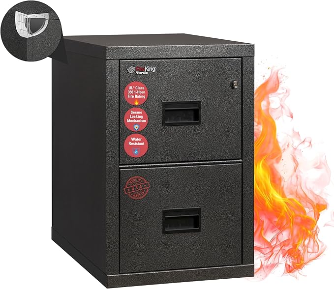FireKing Turtle Vertical 2 Drawer Legal and Letter Fire Safe File Cabinet with Key Lock, 1 Hour Fire Rated, UL Rated & Water Resistant Home Safe, Filing Cabinet, Made in The USA, Black