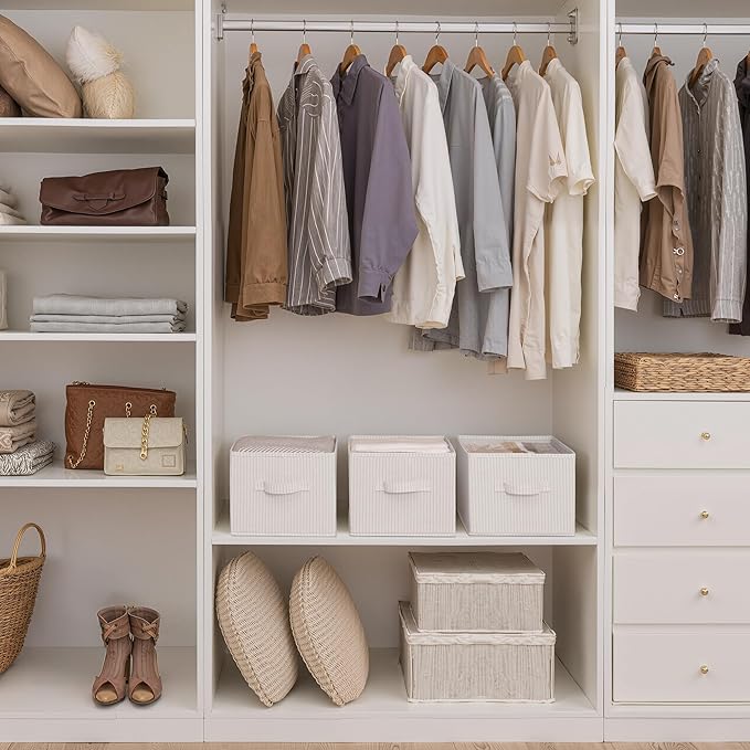 StorageWorks Storage Baskets for Shelves, Foldable Fabric Closet Storage Bins with Handles, Fabric Storage Bins Clothes Organizer, Beige Stripes, 3-Pack, Large