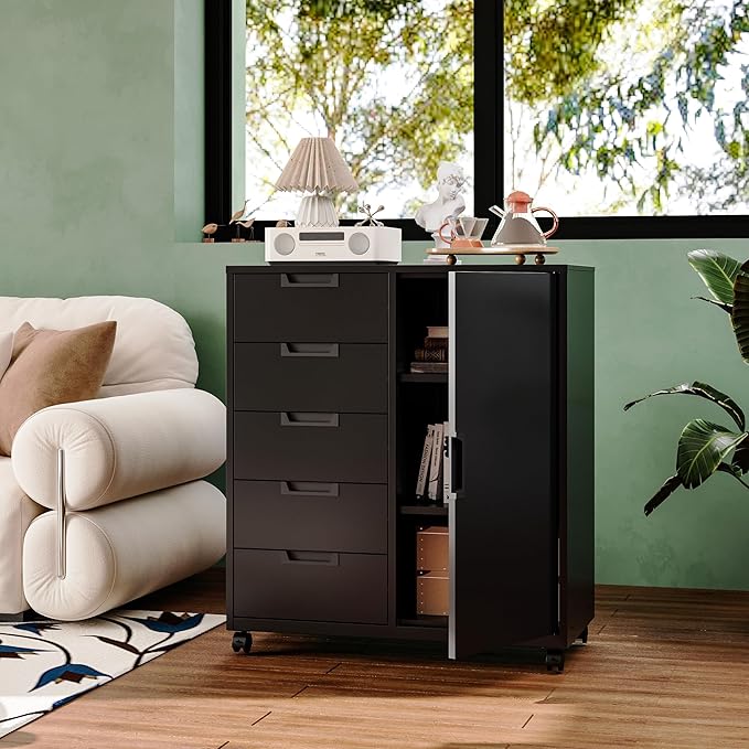 MIIIKO 5 Drawer Storage Cabinet with Door and Shelf, Mobile Lateral Cabinet on Wheels, Office Small Organizer Printer Stand, Black File Cabinets