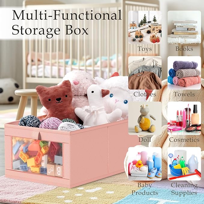 Criusia 4 Pack Linen Closet Organizers and Storage, Closet organizer Large Linen Closet Baskets for Organization, Foldable Storage Containers for Towels, Clothing, Jeans, Books, Shelves, Pink