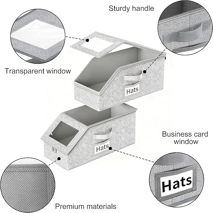 Space-Saving Hat Box with Clear Window Zipper Lid 2-Pack Stackable Closet Hat Organizer for Baseball Caps 16.5*9*7 Inches Grey