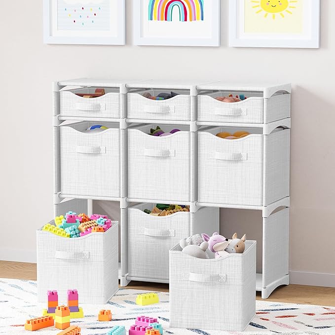 9 Cube Closet Organizers And Storage | Includes All Storage Cube Bins | Easy To Assemble Closet Storage Unit With Drawers | Room Organizer For Clothes, Baby Closet Bedroom, Playroom, Dorm (White Grey)