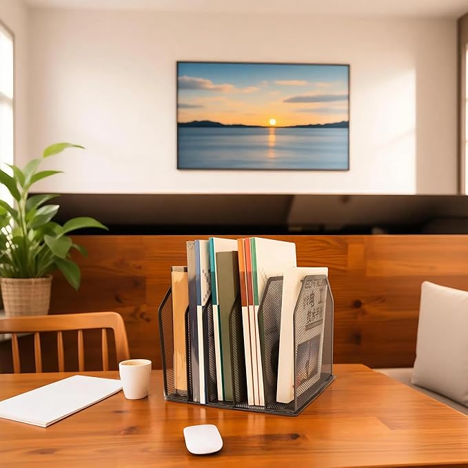 Adjustable Desk File Organizer,Detachable Office Folder Organizer,Compact Vertical Desk File Holder,Wrought Iron Paint,Suitable for Home, School, Office Classrooms (Black - 5 grids)