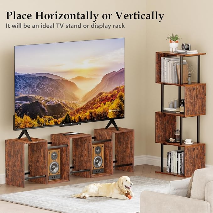 Furologee 6 Tier Bookshelf, Tall S Shaped Geometric Bookcase, Modern Display Shelf Standing Unit, Wood Metal Decorative Divider Rack for Living Room Bedroom Office, Rustic Brown