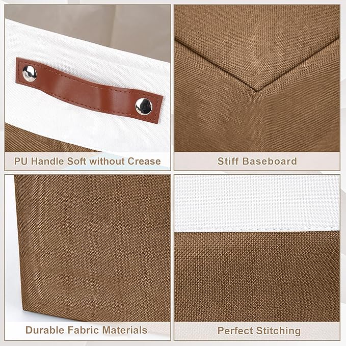 Storage Bins Large Fabric Storage Baskets for Shelves 3 Pack, Decorative Linen Closet Baskets with Handles for Organizing, Shelf, Clothes, Home, Office, 15x11x9.5Inches (Brown&White)