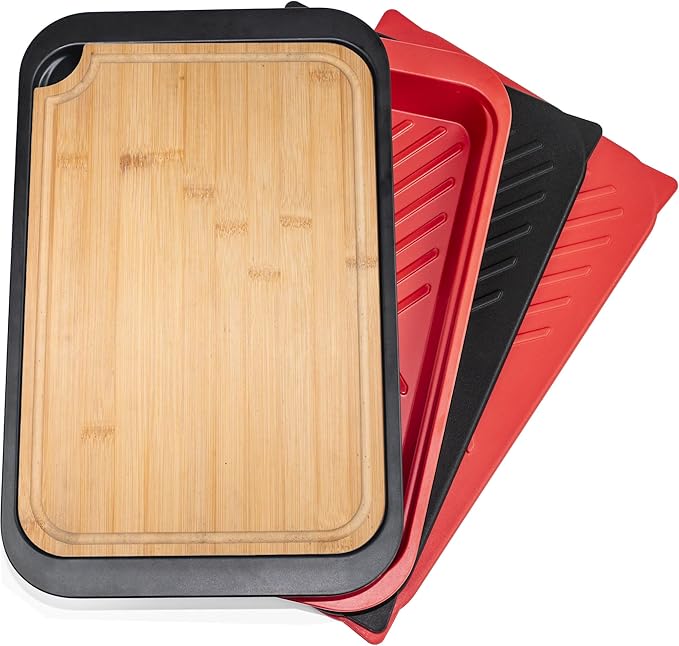 Bamboo Grilling Prep and Serve Trays with lid, BBQ Tray for Marinating Raw and Cooked Food, Diswasher Safe Nesting Trays Black in Red