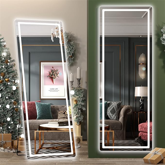 Hasipu Full Length Mirror with Lights, 65" x 22" LED Floor Mirror, Full Body Dressing Standing, Hanging Mounted Mirror for Living Room Bedroom Cloakroom, Round Black