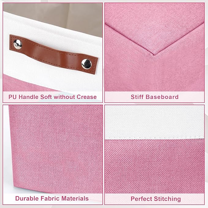 Storage Bins Large Fabric Storage Baskets for Shelves 3 Pack, Decorative Linen Closet Baskets with Handles for Organizing, Shelf, Clothes, Home, Office, 15x11x9.5Inches (Pink&White)