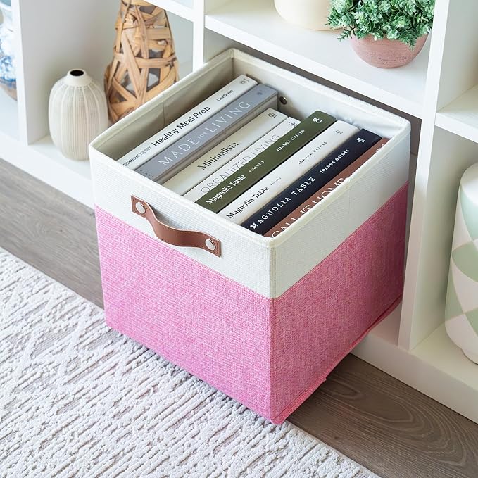 OrganiHaus 11" x 11" x 11" Fabric Cubes Storage Bins Set of 4, Foldable Collapsible Canvas Storage Bins for Organizer, Toy Organizer for Kallax, 11 Inch Linen Cube Shelf Baskets - Pink/White