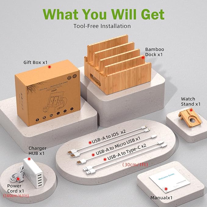 Pezin & Hulin Bamboo Charging Stations, Cell Phone Organizer for Multiple Devices, Tablets, Smart Watch, Included 5 Port USB Charger, Pack 5 Cables